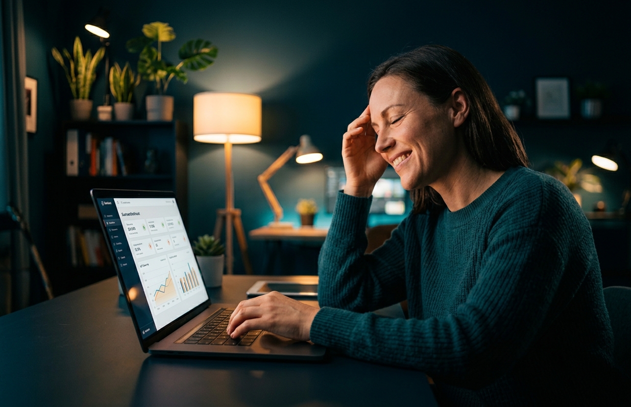 Business owner smiling while reviewing her results with the Vault