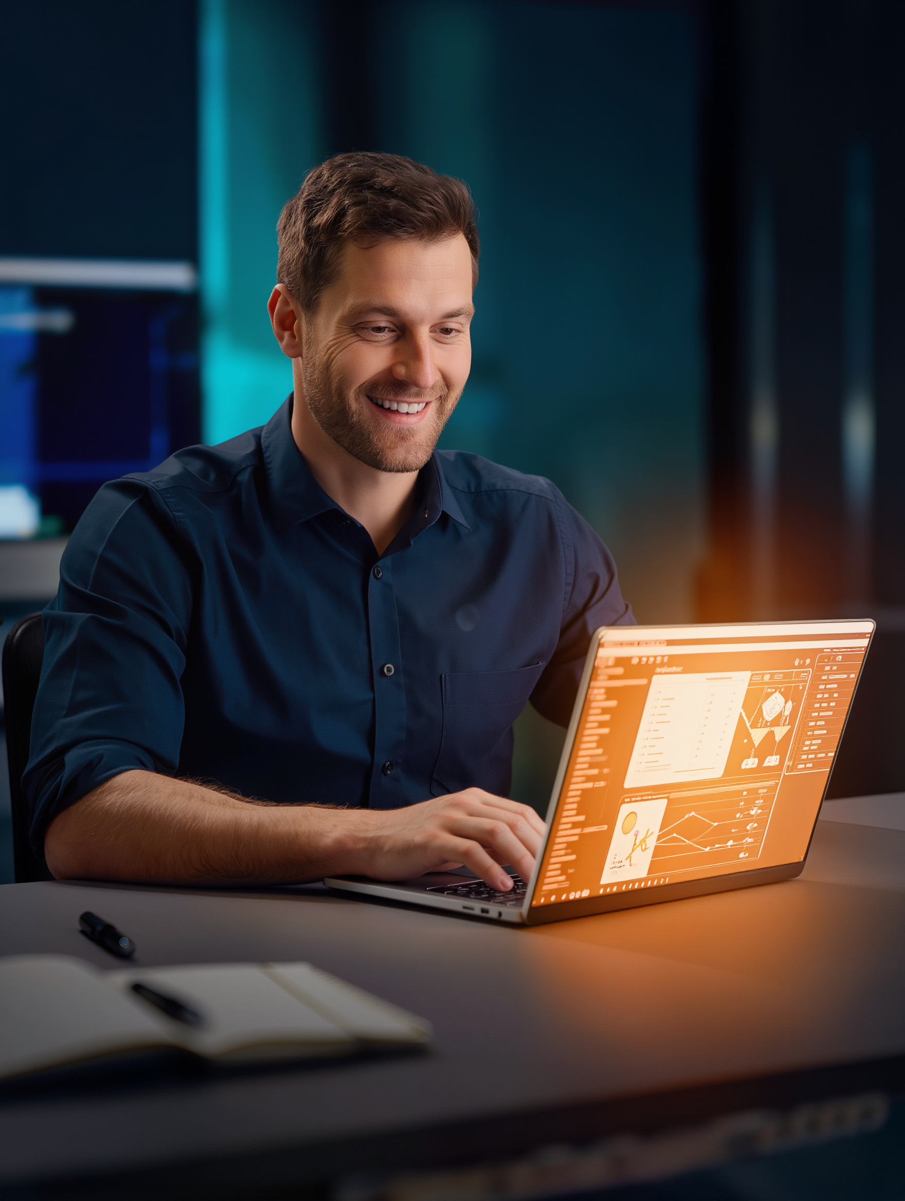 Business owner smiling while using the Vault system on a laptop